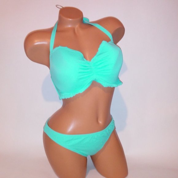 Victoria Secret Swim Bikini‎ 38D Top Large Bottom Aqua Seafoam Glow Scallop Trim - Picture 2 of 9
